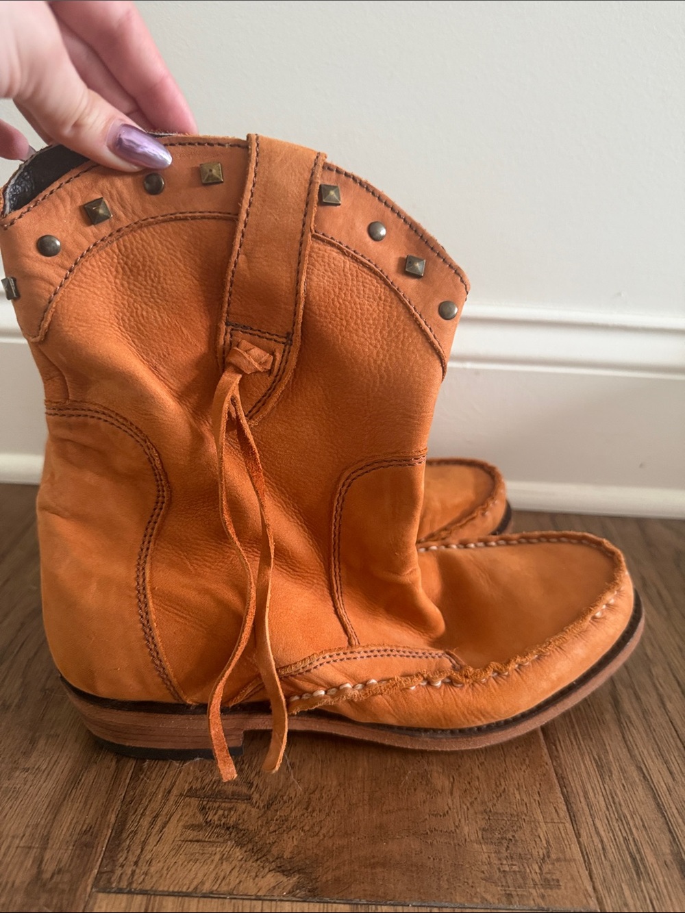 Vintage Orange Leather Studded Slip-On Boots